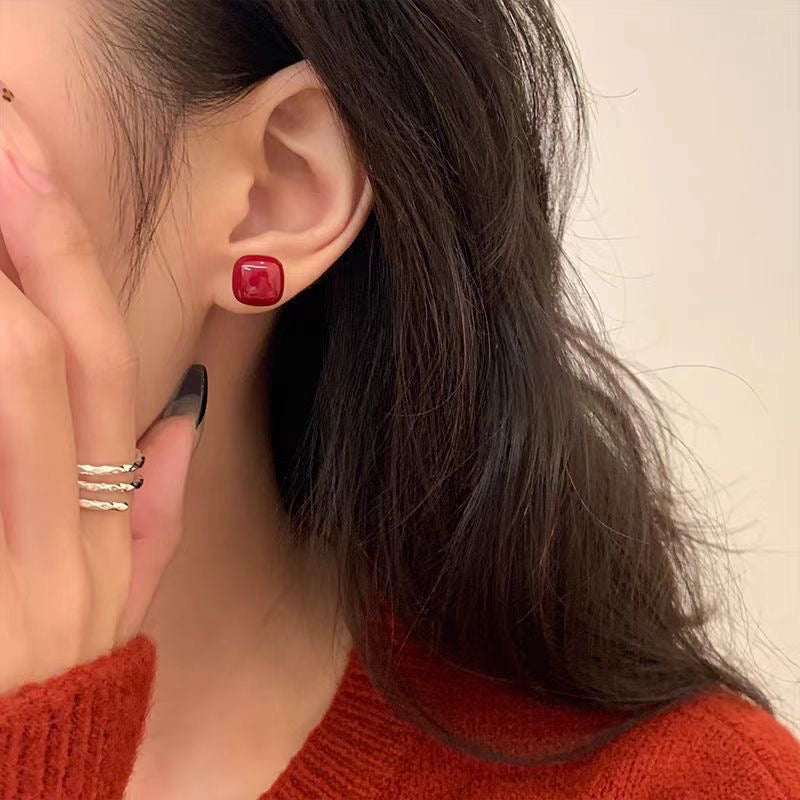 Wine Red Sugar Cube Stud Earrings, 925 Sterling Silver Posts - Zariah's