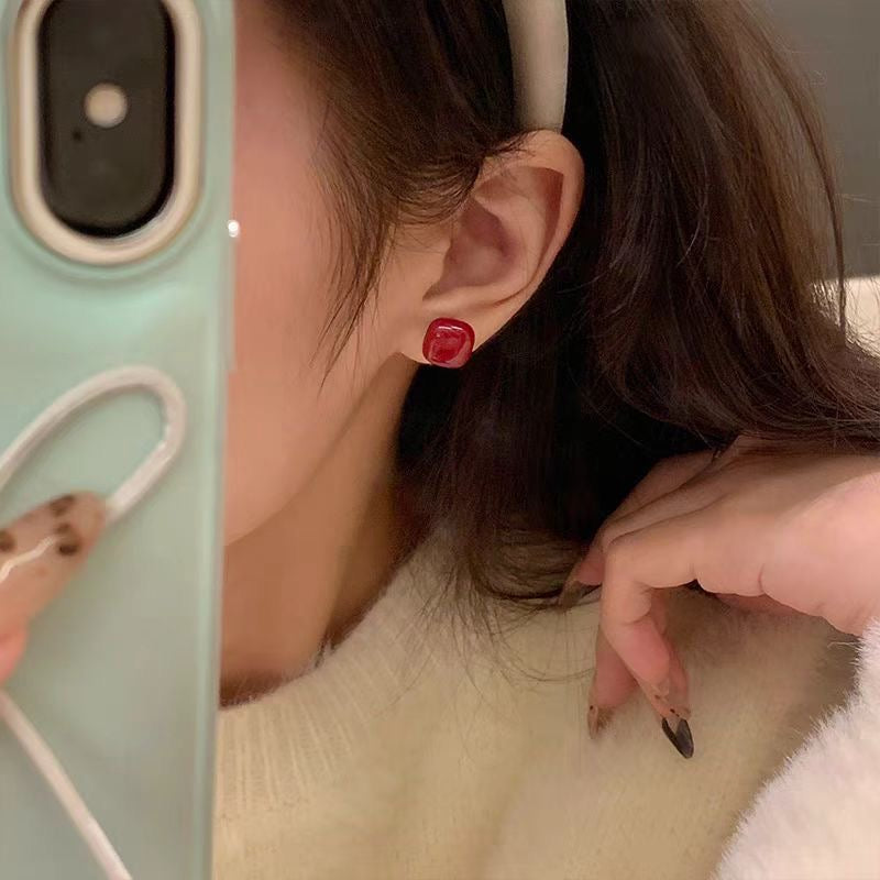Wine Red Sugar Cube Stud Earrings, 925 Sterling Silver Posts - Zariah's