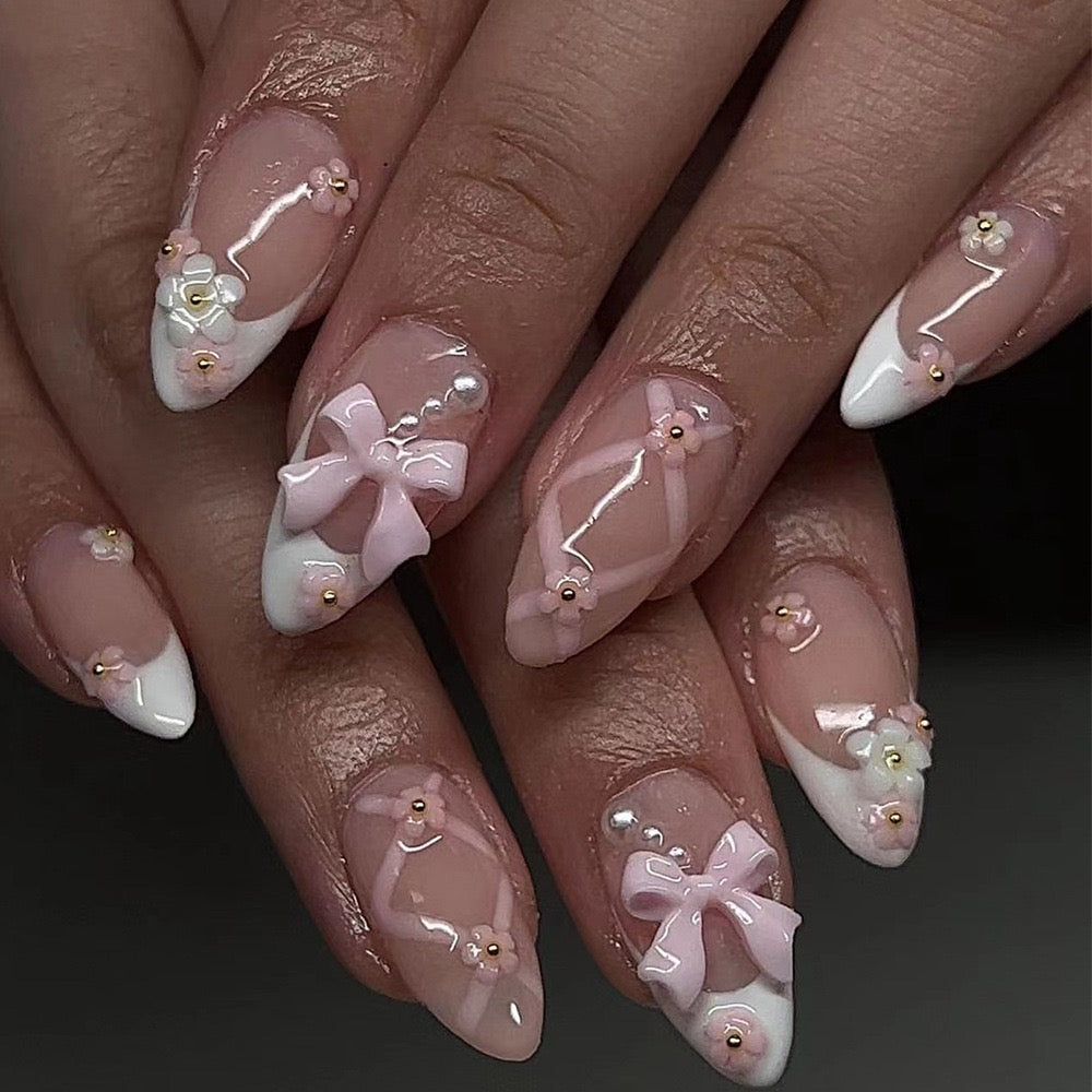 24-Piece Medium-Long Press-On Nail Set β Elegant Floral & Bow Design with Professional Tool Kit - Zariah's