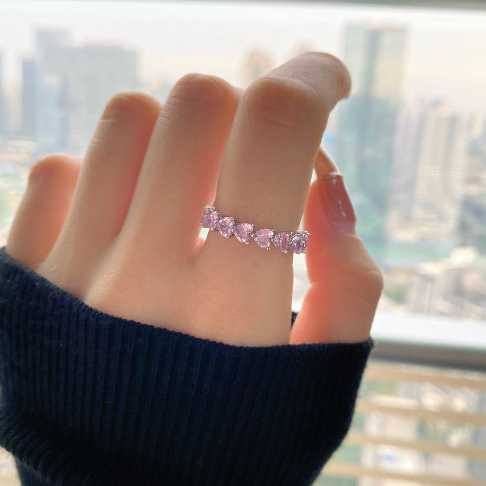 925纯银粉色宝石群镶心形图案 精致华丽戒指 - Zariah's