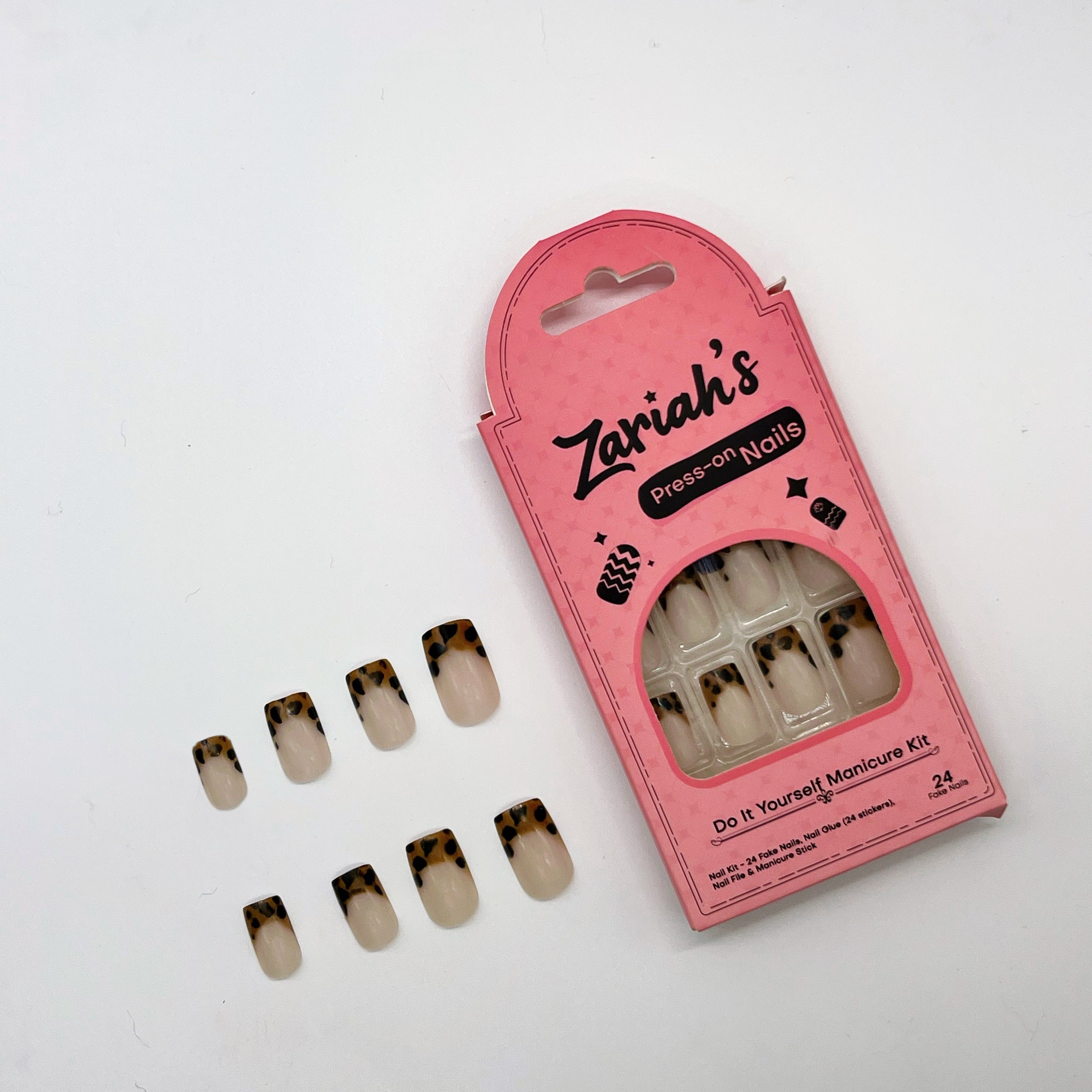 Zariah's press-on nails kit with packaging on a white background