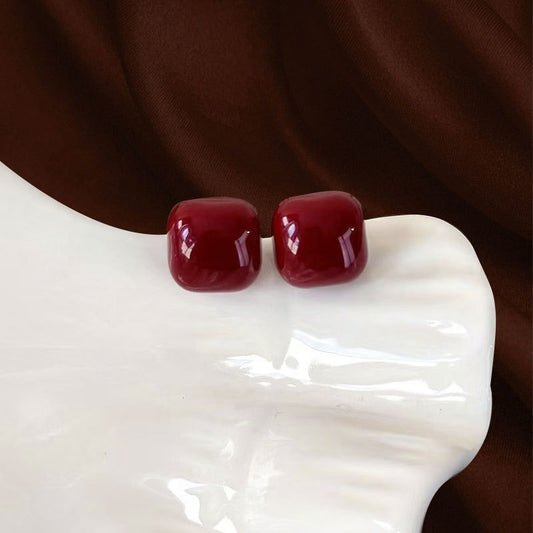 Wine Red Sugar Cube Stud Earrings, 925 Sterling Silver Posts - Zariah's
